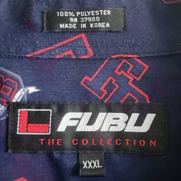FUBU Shirt Mens 3XL Navy Blue Red Button Up Long Sleeve All Over Print 90s Style - Picture 4 of 9